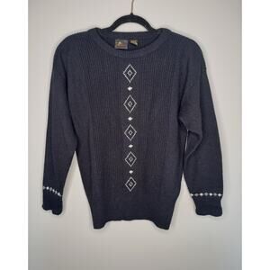 Vintage 80’s Lizsport Lambswool Blend Black Embroidered Crewneck Sweater Side PS